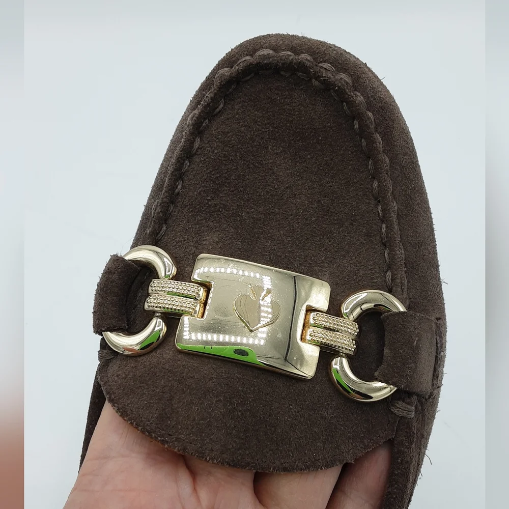 Kate Spade Brown Suede Loafers with Gold Tone Hardware.